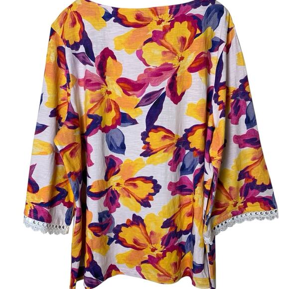 Chico's Top Women's 4 (2X) Lacy Trim Tropical 3/4 Sleeve Colorful Boat Neck NWT - Picture 3 of 9